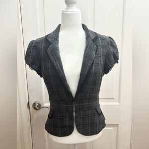 Vintage Y2k Office Siren Grey Plaid Short Puff Sleeve Blazer ~ Size L